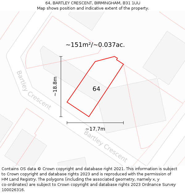 64, BARTLEY CRESCENT, BIRMINGHAM, B31 1UU: Plot and title map