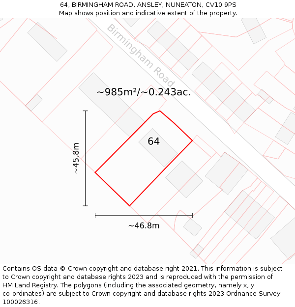 64, BIRMINGHAM ROAD, ANSLEY, NUNEATON, CV10 9PS: Plot and title map