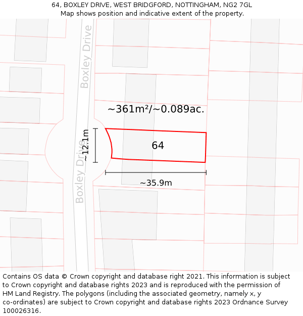 64, BOXLEY DRIVE, WEST BRIDGFORD, NOTTINGHAM, NG2 7GL: Plot and title map