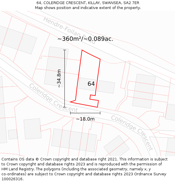 64, COLERIDGE CRESCENT, KILLAY, SWANSEA, SA2 7ER: Plot and title map