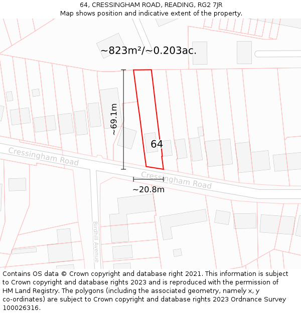 64, CRESSINGHAM ROAD, READING, RG2 7JR: Plot and title map