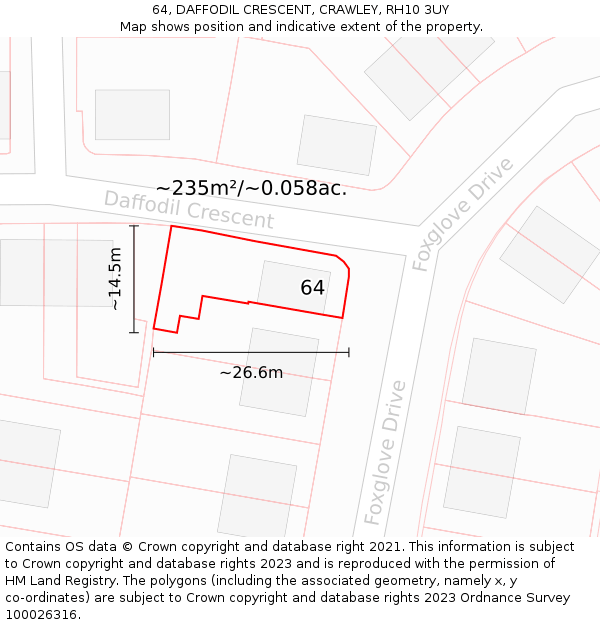 64, DAFFODIL CRESCENT, CRAWLEY, RH10 3UY: Plot and title map