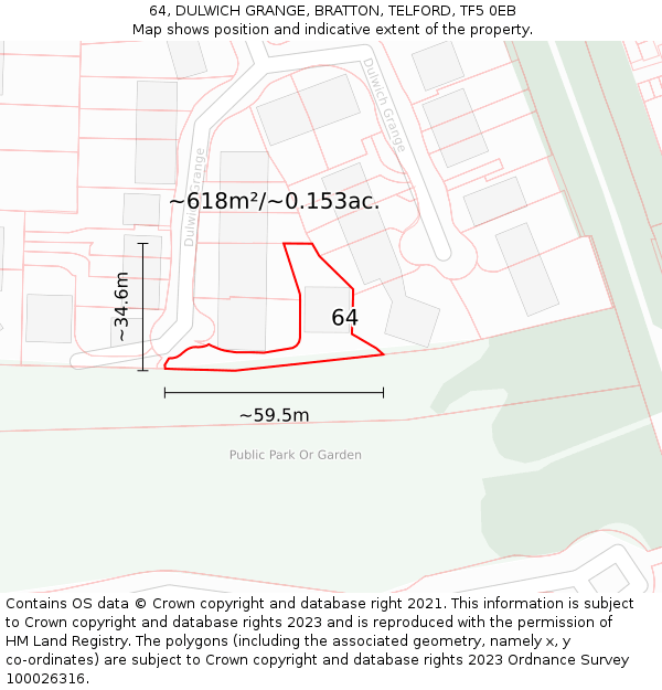 64, DULWICH GRANGE, BRATTON, TELFORD, TF5 0EB: Plot and title map