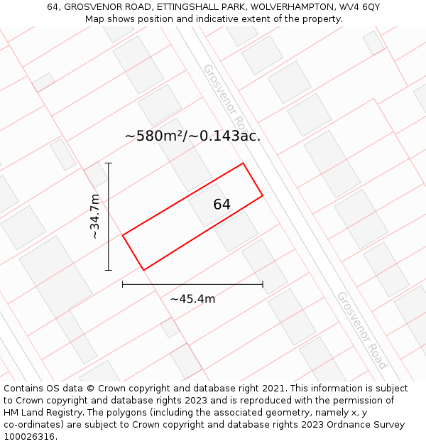 64, GROSVENOR ROAD, ETTINGSHALL PARK, WOLVERHAMPTON, WV4 6QY: Plot and title map