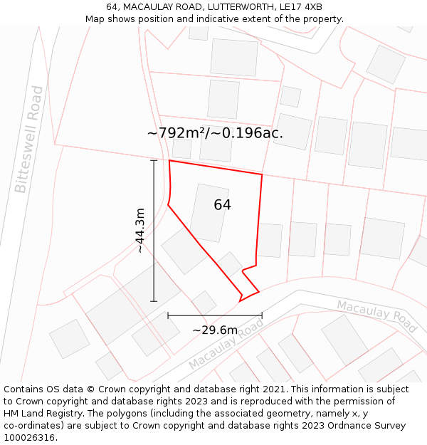 64, MACAULAY ROAD, LUTTERWORTH, LE17 4XB: Plot and title map