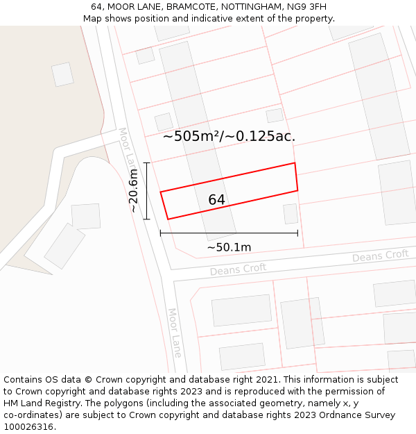 64, MOOR LANE, BRAMCOTE, NOTTINGHAM, NG9 3FH: Plot and title map