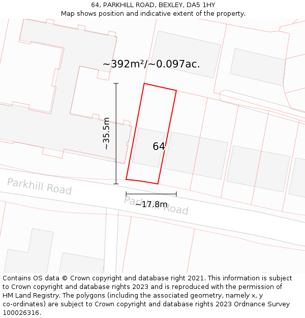 64, PARKHILL ROAD, BEXLEY, DA5 1HY: Plot and title map