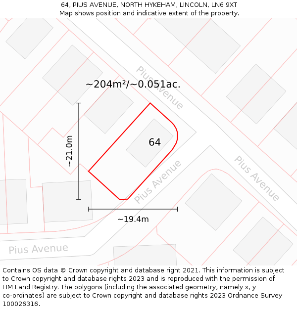 64, PIUS AVENUE, NORTH HYKEHAM, LINCOLN, LN6 9XT: Plot and title map