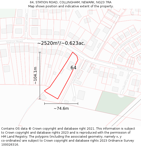 64, STATION ROAD, COLLINGHAM, NEWARK, NG23 7RA: Plot and title map