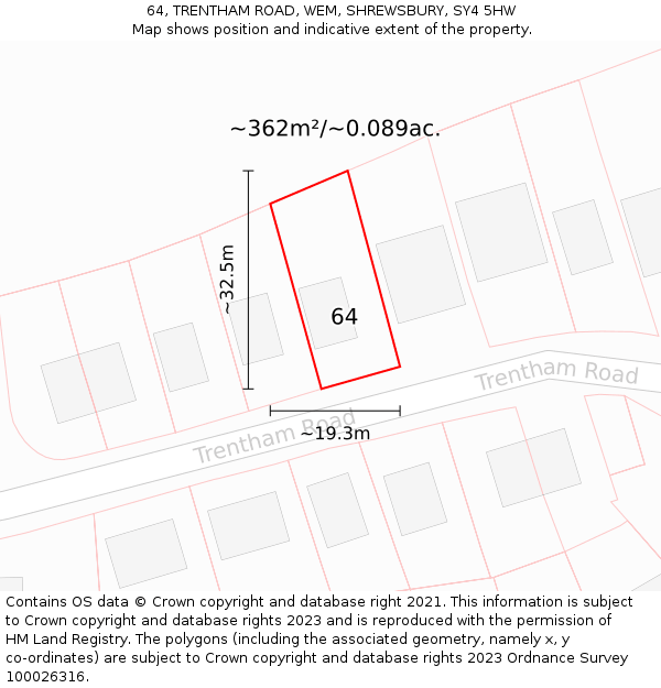 64, TRENTHAM ROAD, WEM, SHREWSBURY, SY4 5HW: Plot and title map