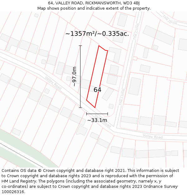 64, VALLEY ROAD, RICKMANSWORTH, WD3 4BJ: Plot and title map