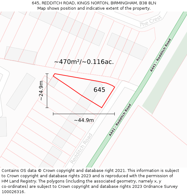 645, REDDITCH ROAD, KINGS NORTON, BIRMINGHAM, B38 8LN: Plot and title map