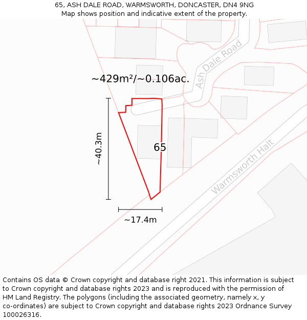 65, ASH DALE ROAD, WARMSWORTH, DONCASTER, DN4 9NG: Plot and title map