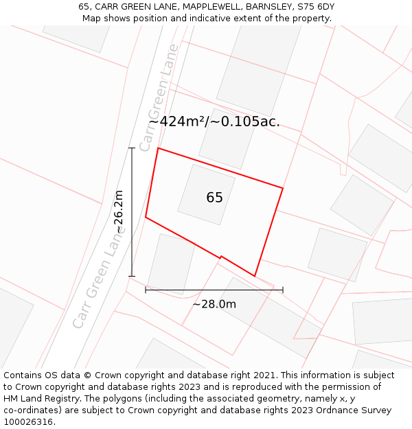 65, CARR GREEN LANE, MAPPLEWELL, BARNSLEY, S75 6DY: Plot and title map