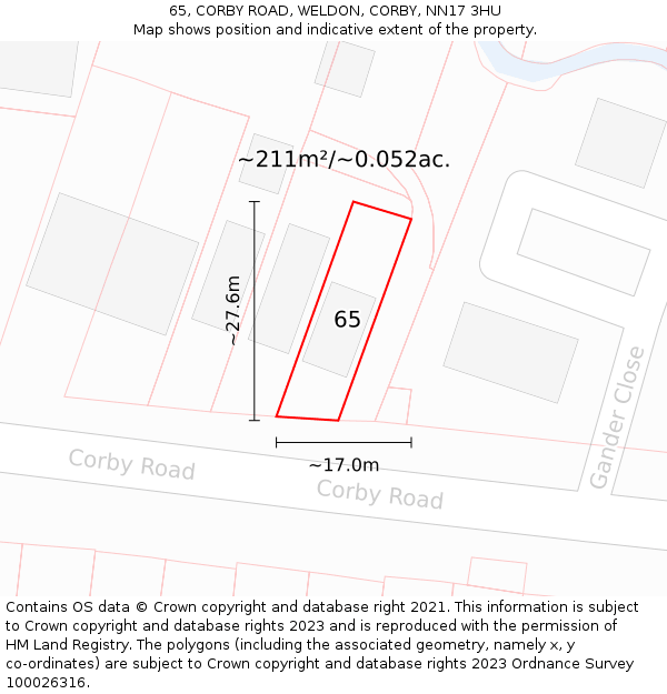 65, CORBY ROAD, WELDON, CORBY, NN17 3HU: Plot and title map