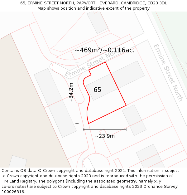 65, ERMINE STREET NORTH, PAPWORTH EVERARD, CAMBRIDGE, CB23 3DL: Plot and title map