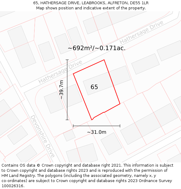 65, HATHERSAGE DRIVE, LEABROOKS, ALFRETON, DE55 1LR: Plot and title map