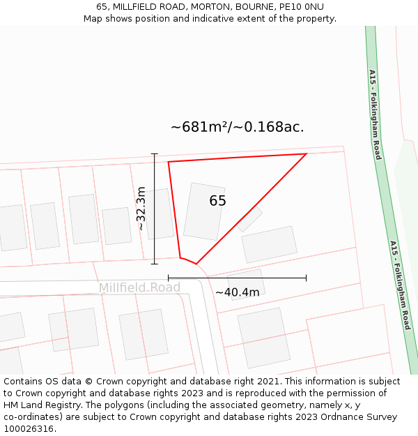 65, MILLFIELD ROAD, MORTON, BOURNE, PE10 0NU: Plot and title map