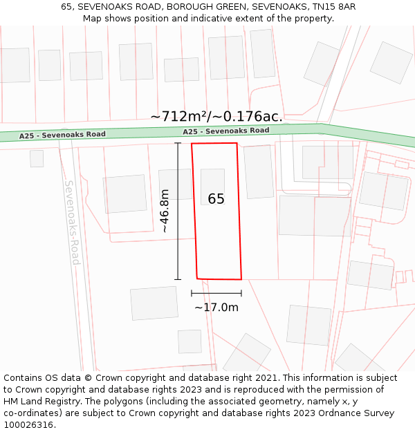 65, SEVENOAKS ROAD, BOROUGH GREEN, SEVENOAKS, TN15 8AR: Plot and title map