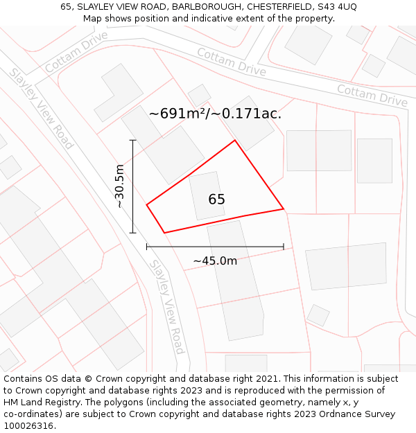 65, SLAYLEY VIEW ROAD, BARLBOROUGH, CHESTERFIELD, S43 4UQ: Plot and title map