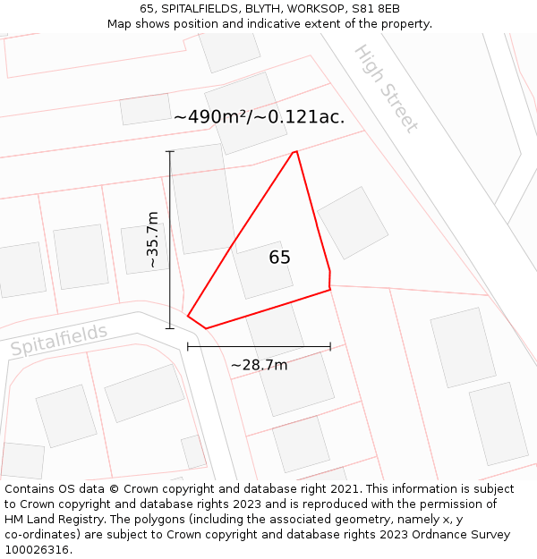 65, SPITALFIELDS, BLYTH, WORKSOP, S81 8EB: Plot and title map