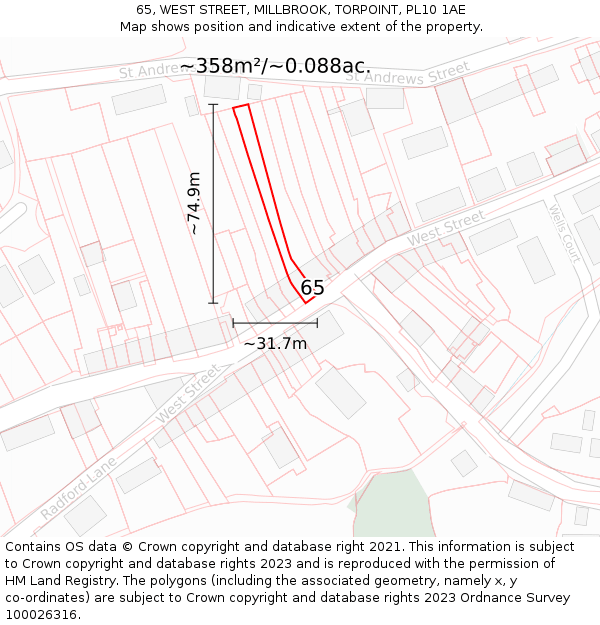 65, WEST STREET, MILLBROOK, TORPOINT, PL10 1AE: Plot and title map