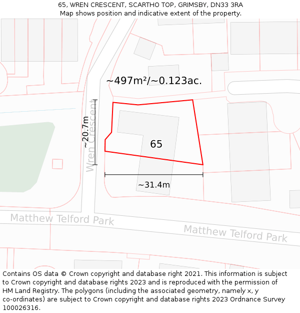 65, WREN CRESCENT, SCARTHO TOP, GRIMSBY, DN33 3RA: Plot and title map