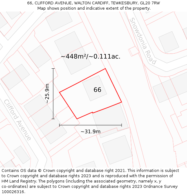 66, CLIFFORD AVENUE, WALTON CARDIFF, TEWKESBURY, GL20 7RW: Plot and title map