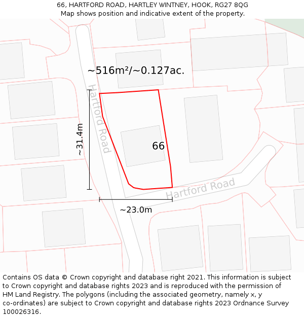 66, HARTFORD ROAD, HARTLEY WINTNEY, HOOK, RG27 8QG: Plot and title map