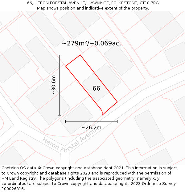 66, HERON FORSTAL AVENUE, HAWKINGE, FOLKESTONE, CT18 7PG: Plot and title map