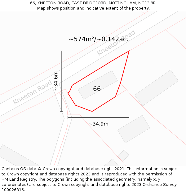 66, KNEETON ROAD, EAST BRIDGFORD, NOTTINGHAM, NG13 8PJ: Plot and title map