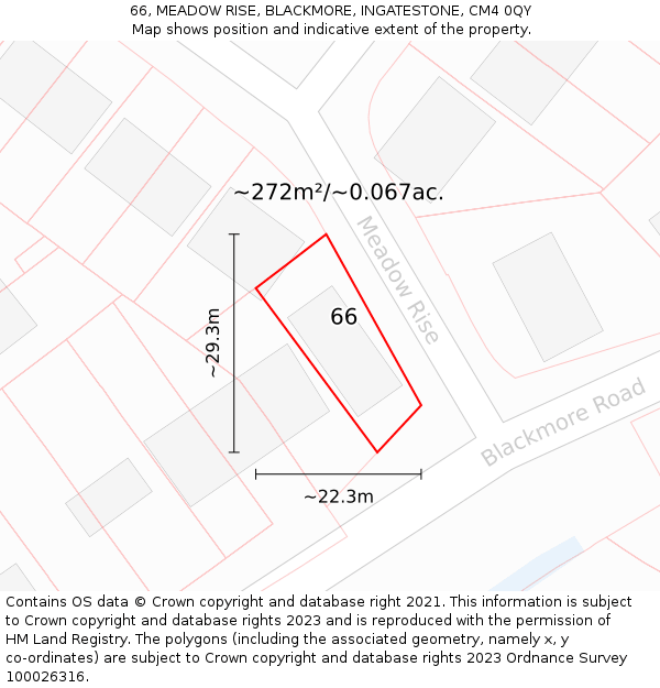 66, MEADOW RISE, BLACKMORE, INGATESTONE, CM4 0QY: Plot and title map