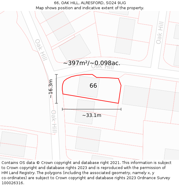 66, OAK HILL, ALRESFORD, SO24 9UG: Plot and title map