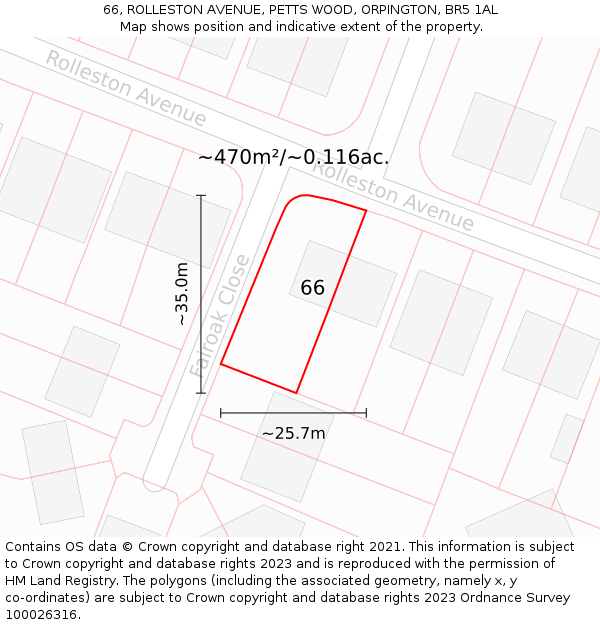 66, ROLLESTON AVENUE, PETTS WOOD, ORPINGTON, BR5 1AL: Plot and title map