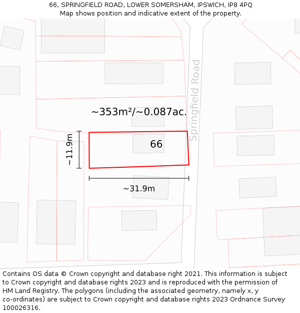 66, SPRINGFIELD ROAD, LOWER SOMERSHAM, IPSWICH, IP8 4PQ: Plot and title map