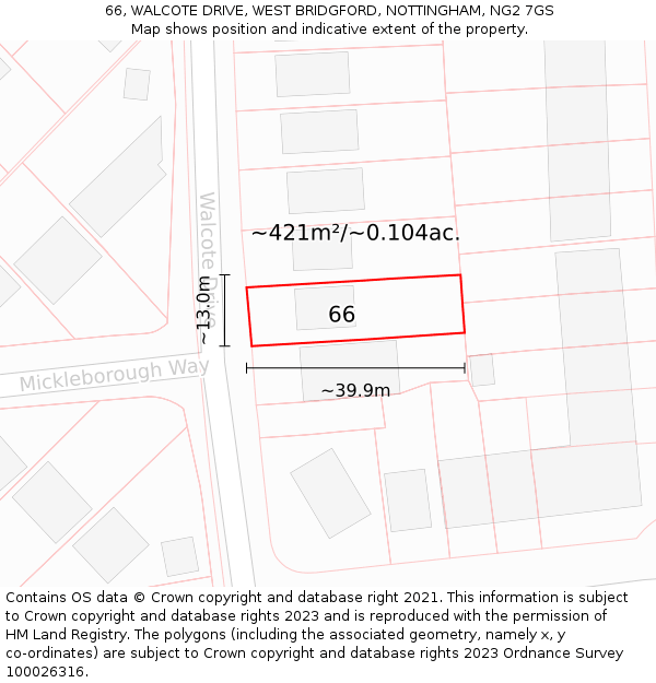 66, WALCOTE DRIVE, WEST BRIDGFORD, NOTTINGHAM, NG2 7GS: Plot and title map