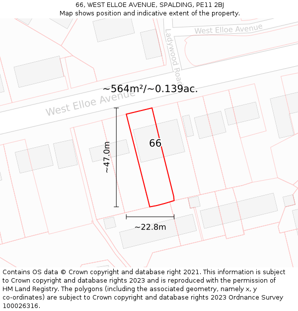 66, WEST ELLOE AVENUE, SPALDING, PE11 2BJ: Plot and title map