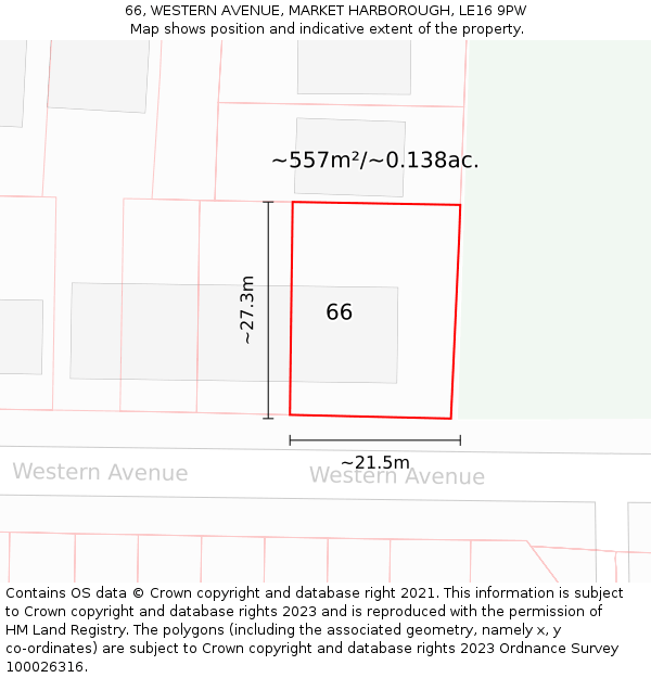 66, WESTERN AVENUE, MARKET HARBOROUGH, LE16 9PW: Plot and title map