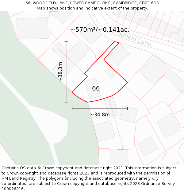 66, WOODFIELD LANE, LOWER CAMBOURNE, CAMBRIDGE, CB23 6DS: Plot and title map