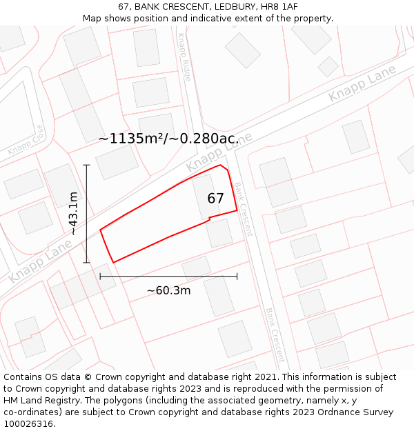 67, BANK CRESCENT, LEDBURY, HR8 1AF: Plot and title map