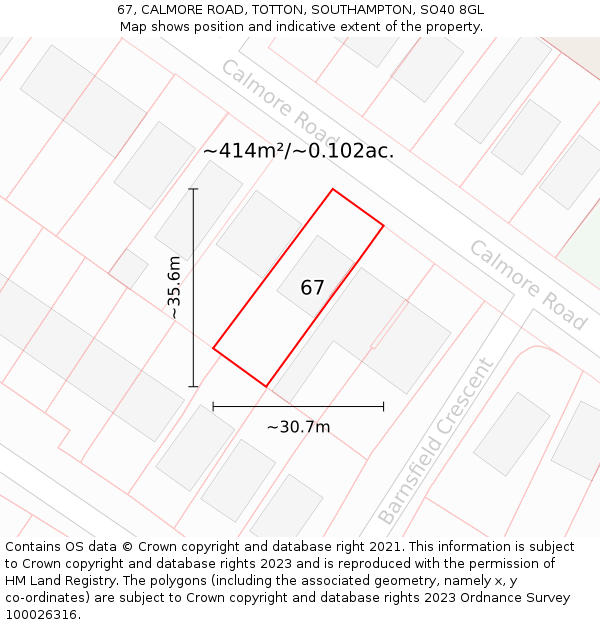 67, CALMORE ROAD, TOTTON, SOUTHAMPTON, SO40 8GL: Plot and title map