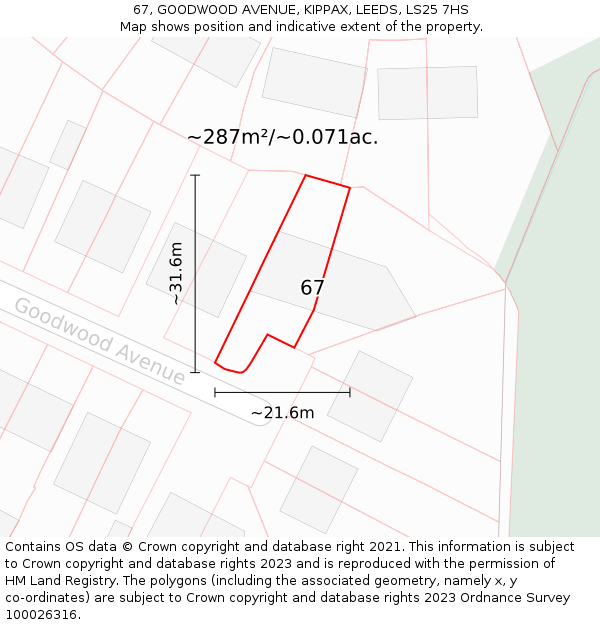 67, GOODWOOD AVENUE, KIPPAX, LEEDS, LS25 7HS: Plot and title map