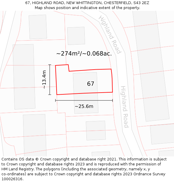 67, HIGHLAND ROAD, NEW WHITTINGTON, CHESTERFIELD, S43 2EZ: Plot and title map