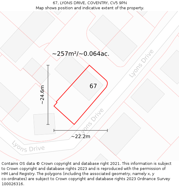 67, LYONS DRIVE, COVENTRY, CV5 9PN: Plot and title map