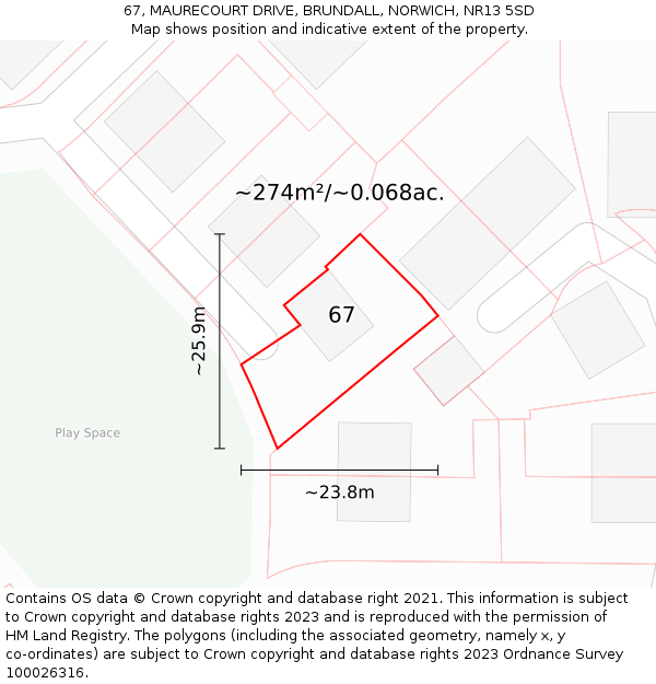 67, MAURECOURT DRIVE, BRUNDALL, NORWICH, NR13 5SD: Plot and title map