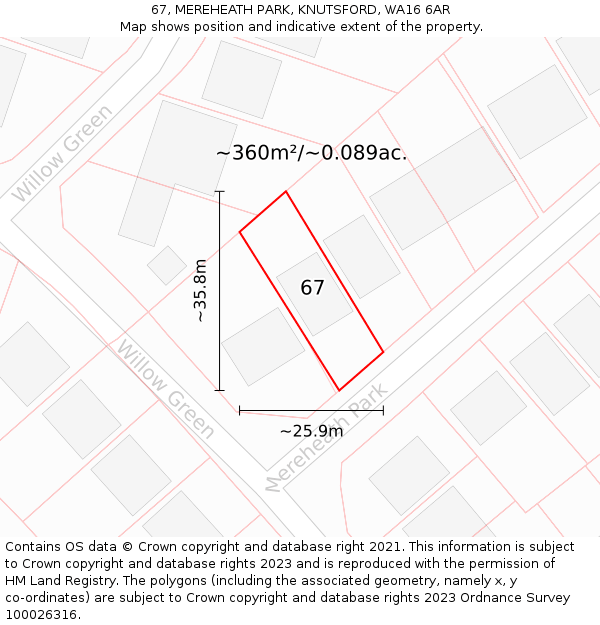 67, MEREHEATH PARK, KNUTSFORD, WA16 6AR: Plot and title map