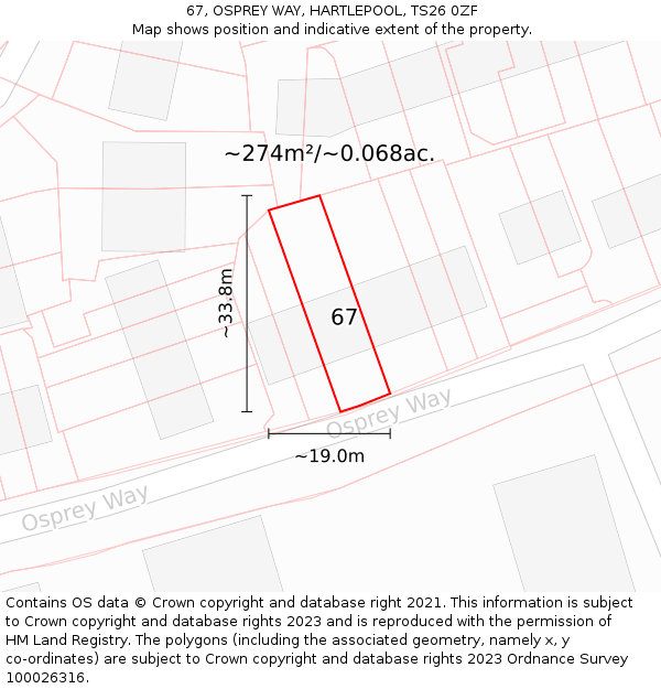 67, OSPREY WAY, HARTLEPOOL, TS26 0ZF: Plot and title map