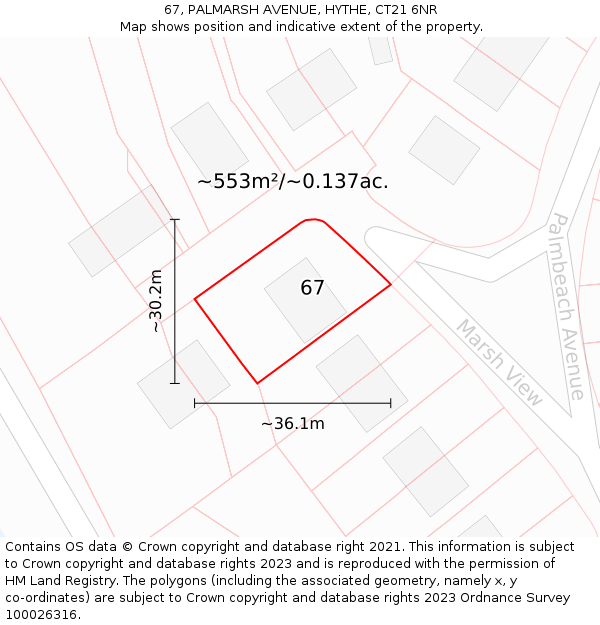 67, PALMARSH AVENUE, HYTHE, CT21 6NR: Plot and title map