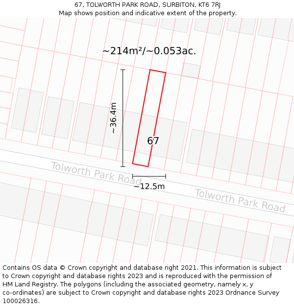 67, TOLWORTH PARK ROAD, SURBITON, KT6 7RJ: Plot and title map