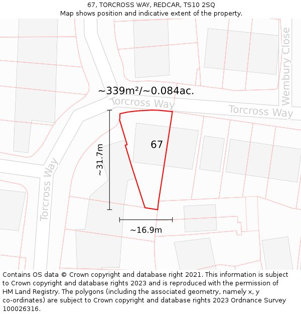 67, TORCROSS WAY, REDCAR, TS10 2SQ: Plot and title map